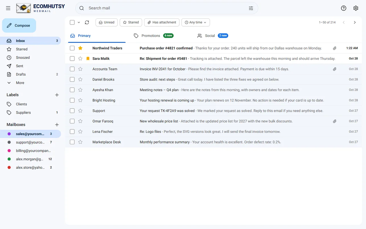 Five mailboxes in the ECOMHUTSY Webmail desktop app